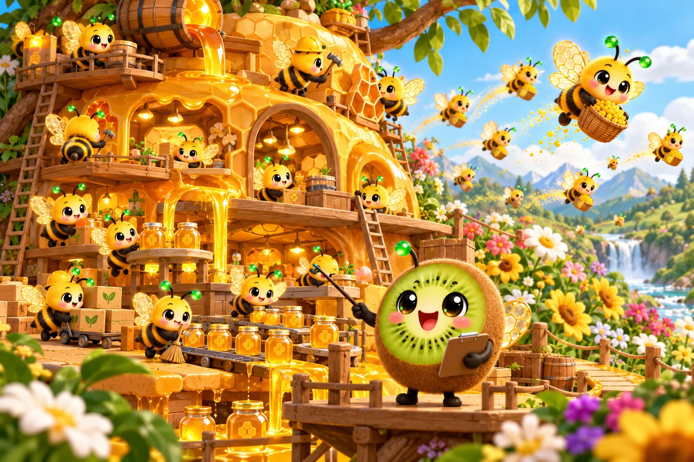 La ruche où tout le monde travaille : des abeilles qui butinent partout, font le travail et remplissent les pots de miel.