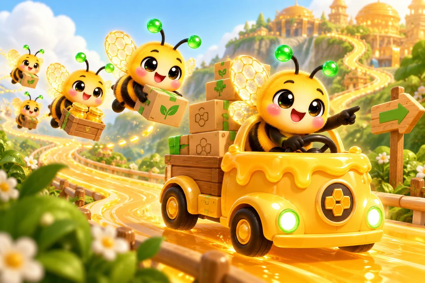 Les abeilles transporteuses : des colis et des caisses de miel livrés en file, et un petit camion en forme de pot de miel.